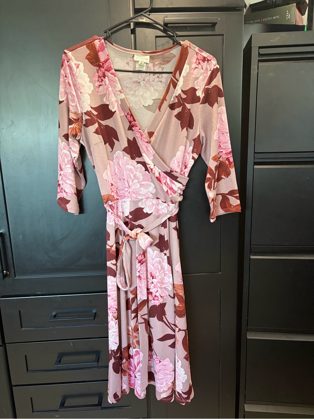 Enfocus Studio Pink Floral Wrap Dress with Brown Leaf Accents